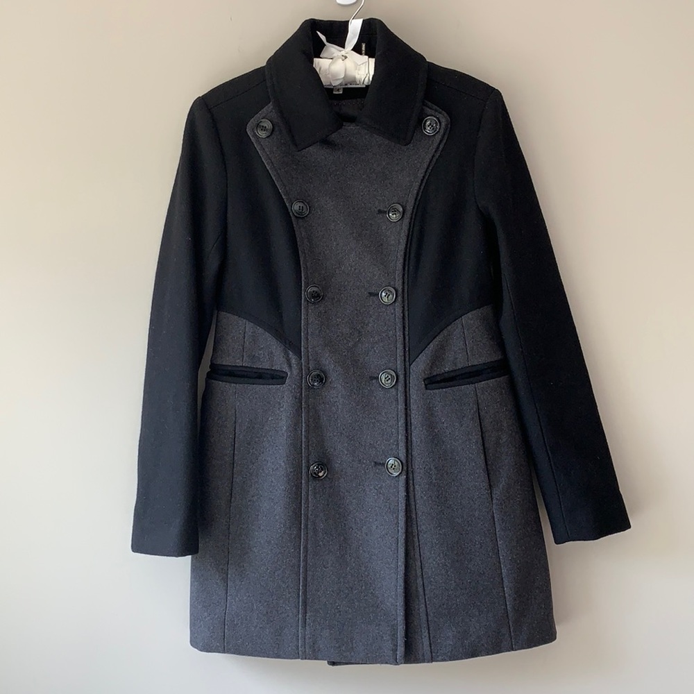 Kenneth Cole Black & Gray Wool Blend Double Breasted Pea Coat